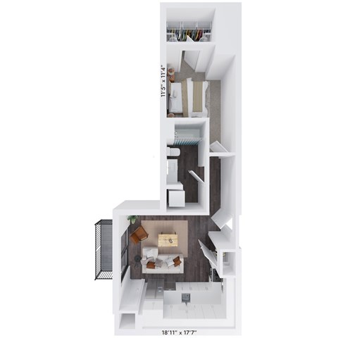 Floor plan for 1 bed, 1 bath, 697 sqft